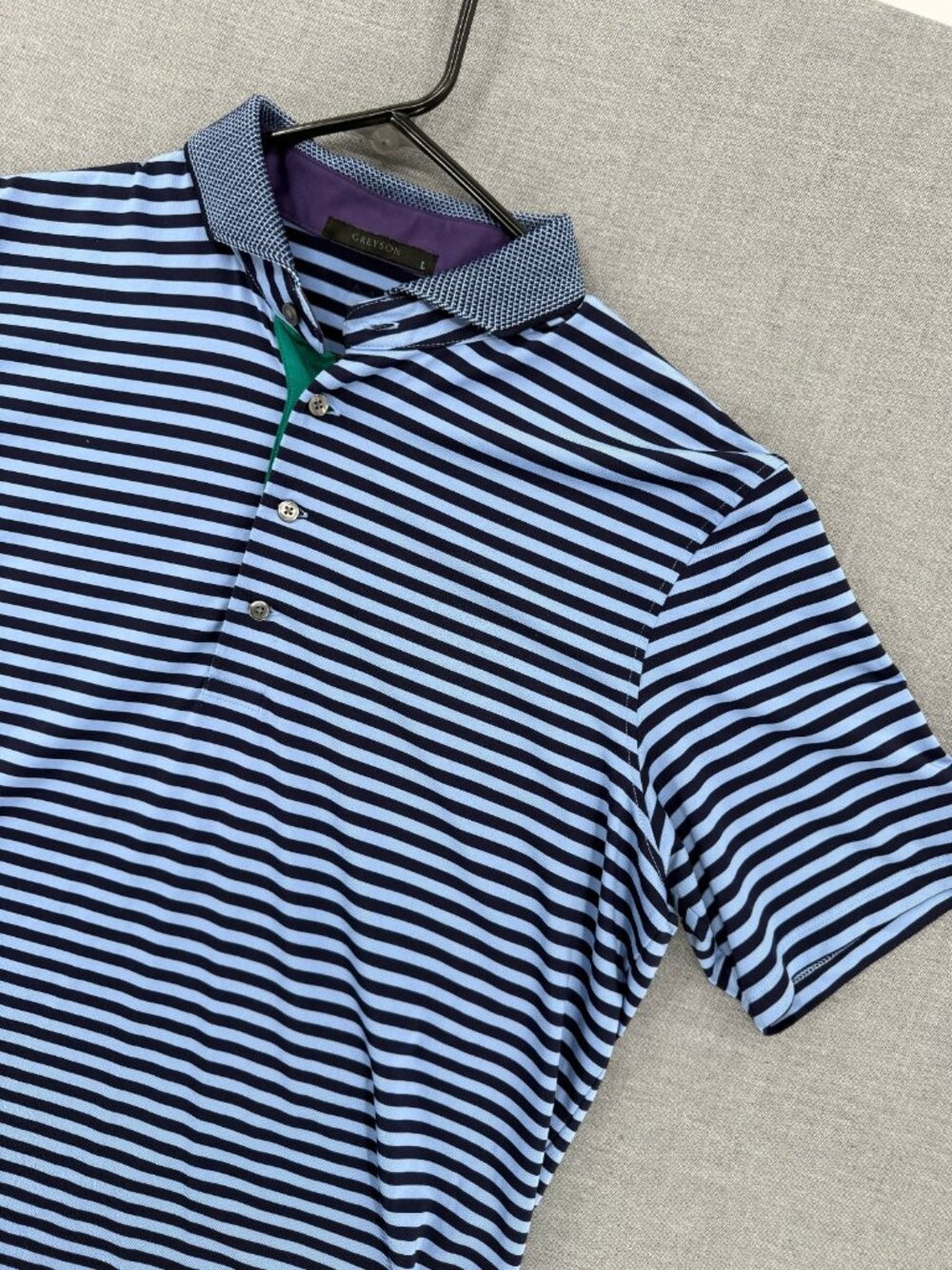 Greyson Polo Shirt Mens L Blue Striped Golf Stretch Performance